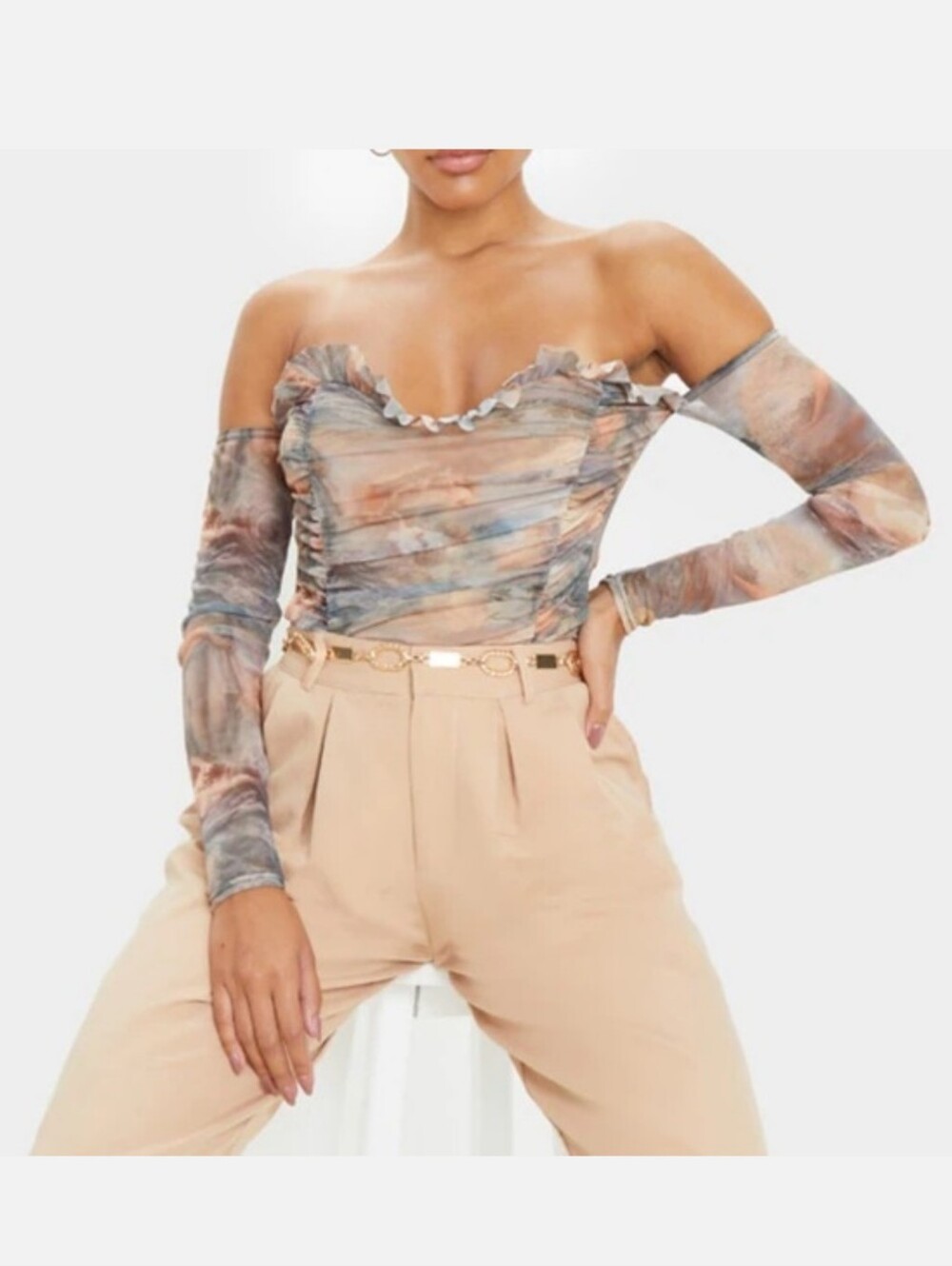 PrettyLittleThing Renaissance Printed Mesh Ruched Bardot bodysuit Women's 12